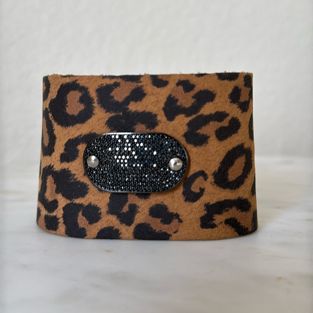 Leopard leather black crystal cuff